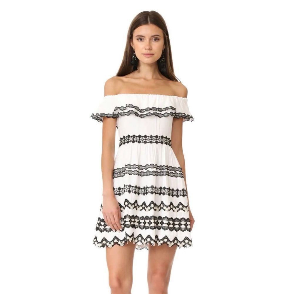 Alice + Olivia Black & White Rozzi Off Shoulder Lace Trim Embroidery‎ Dress Size